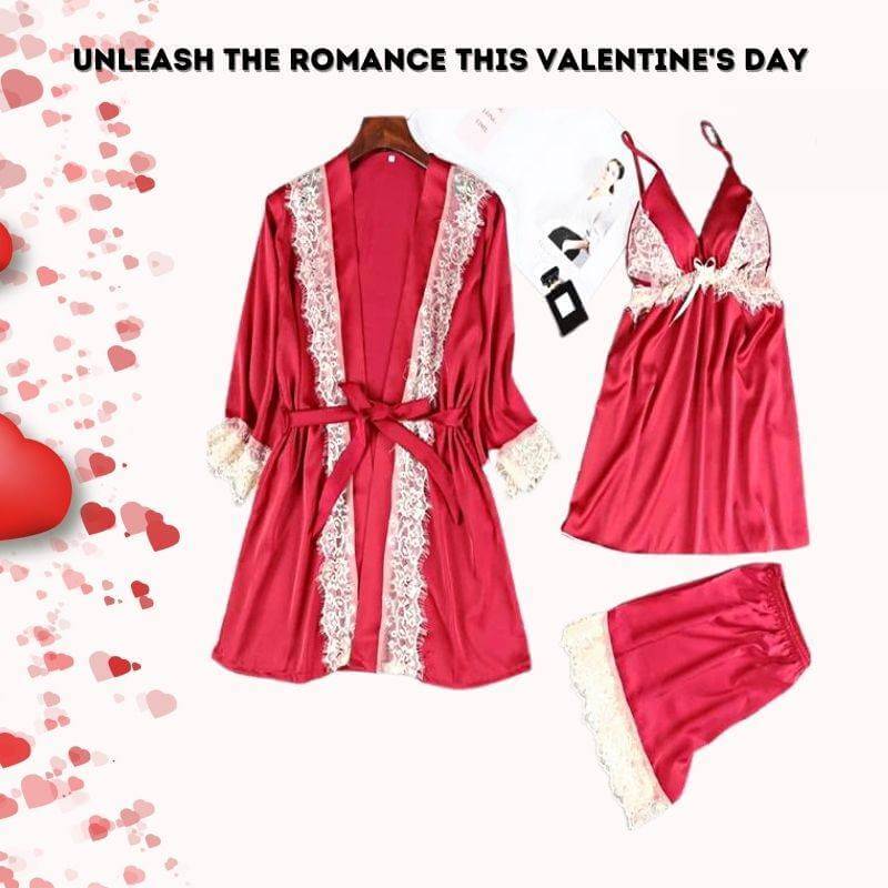Bridal Silk Gown 3 Piece Set - Red